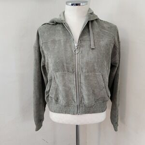 No Comment NY LA Sage Green Corduroy Zip Up Hoodie Cropped Jacket Small